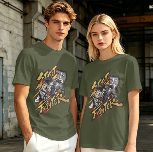 Olive Street Fighter Graphic T-Shirt with Fighting Character Art