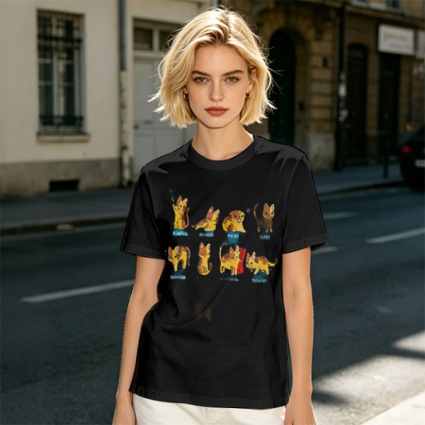 Olive Green T-Shirt With Cute Cartoon Cat Illustrations