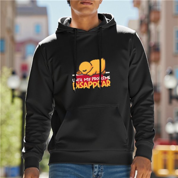 Black hoodie with sleeping duck graphic and 'Until My Problems Disappear' text