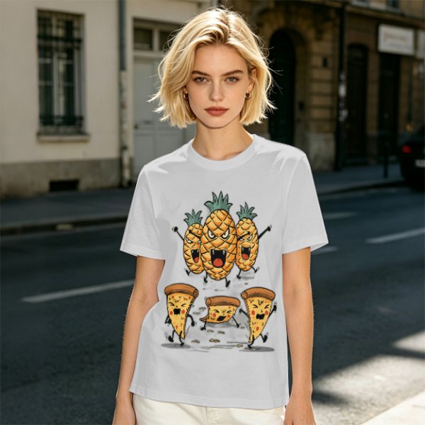Olive T-Shirt With Angry Pineapple And Pizza Slice Cartoon Print