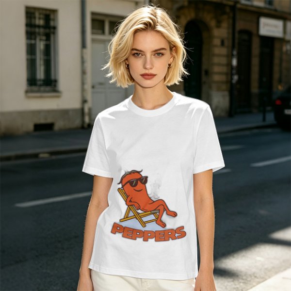 Olive T-shirt with Relaxed Cartoon Chili Pepper Wearing Sunglasses and Peppers Text