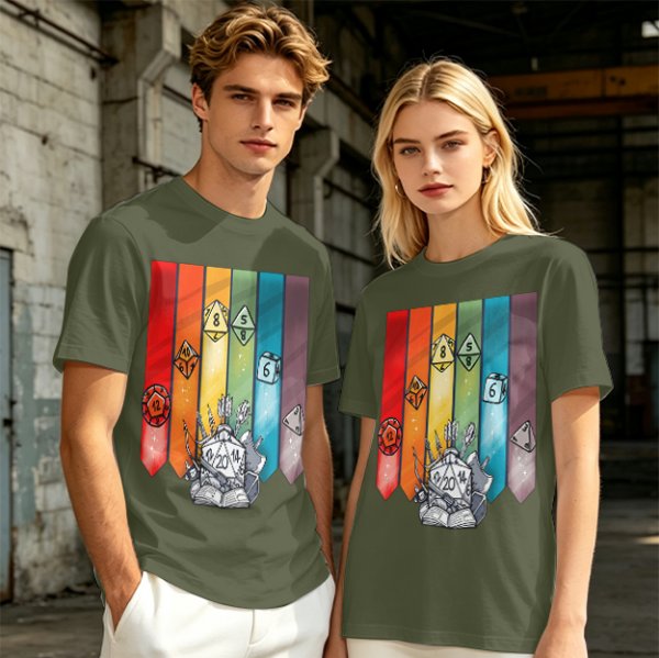 Dungeons and Dragons Polyhedral Dice Rainbow Graphic T-Shirt