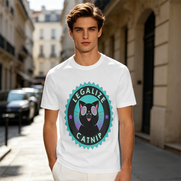 Olive T-Shirt with 'Legalize Catnip' Hypnotic Black Cat Graphic