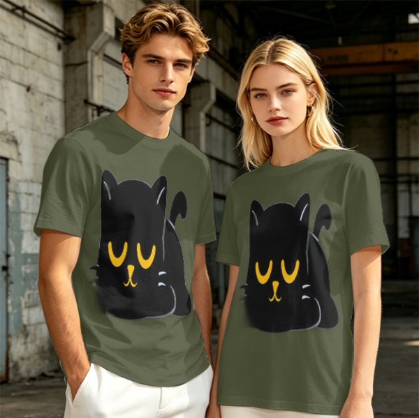 Olive T-Shirt with Relaxed Black Cat Graphic Design