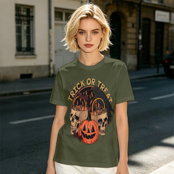 Olive Halloween Trick or Treat Skull Jack-o'-lantern Graphic T-Shirt