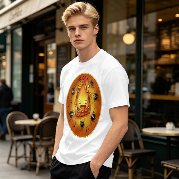 Olive T-Shirt Featuring Calcifer and Soot Sprites Artwork