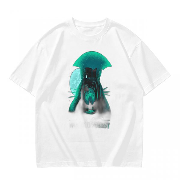 Olive T-Shirt With Glowing Teal Mushroom Creature And Moon Print