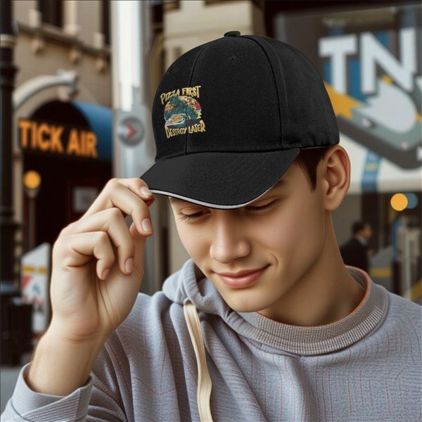 Black baseball cap with pizza first destroy later godzilla graphic
