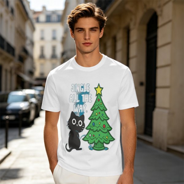 Olive Christmas Cat T-Shirt with Jingle All The Way Print