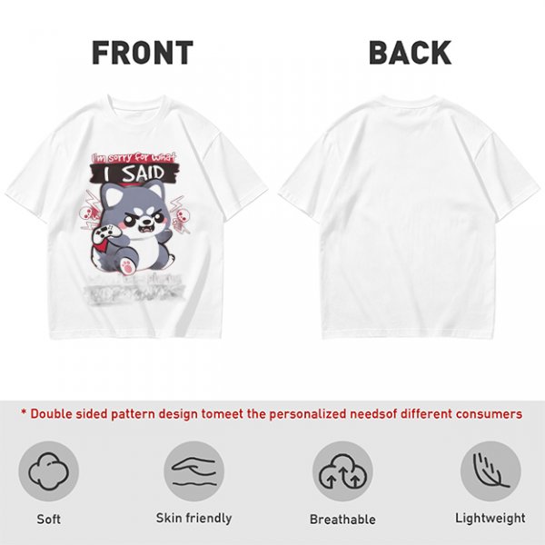 Olive t-shirt with angry gaming wolf graphic and funny apology text