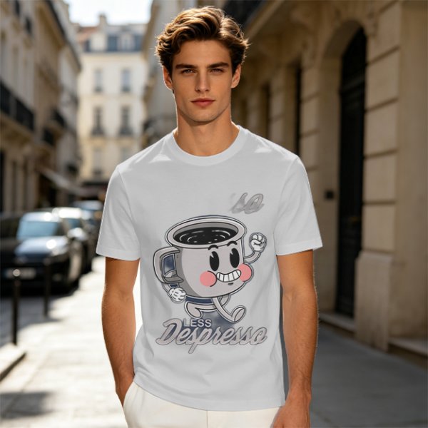 Olive green t-shirt with running espresso cup graphic and 'Less Despresso' text