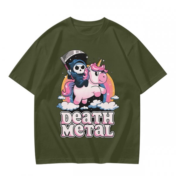Olive t-shirt with cute grim reaper riding unicorn and death metal graphic