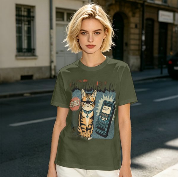 Olive T-Shirt With Grumpy Tabby Cat And Retro Cell Phone Print