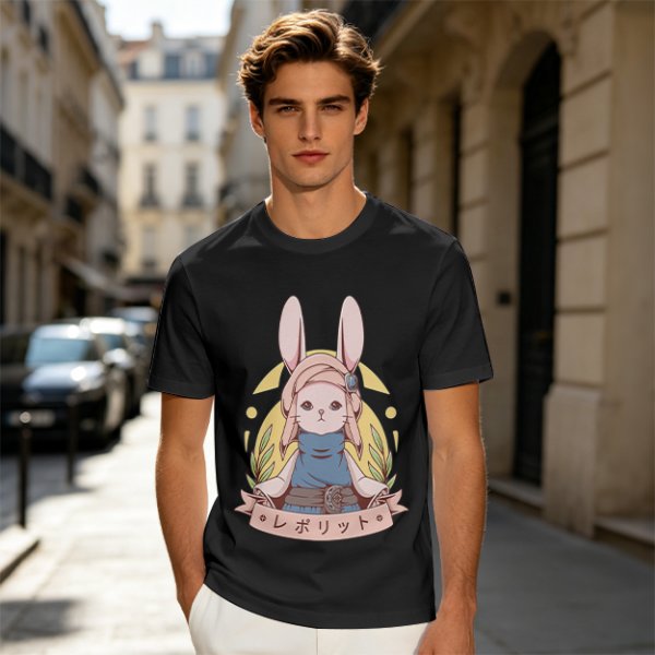 Olive T-shirt with Cute Rabbit Character and Japanese Text Print
