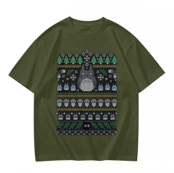 Olive T-Shirt With Totoro Ugly Christmas Sweater Style Print
