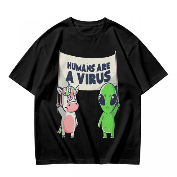 Olive T-shirt with Unicorn and Alien Holding 'Humans Are A Virus' Sign