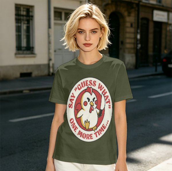 Olive t-shirt with angry chicken holding knife and funny text design