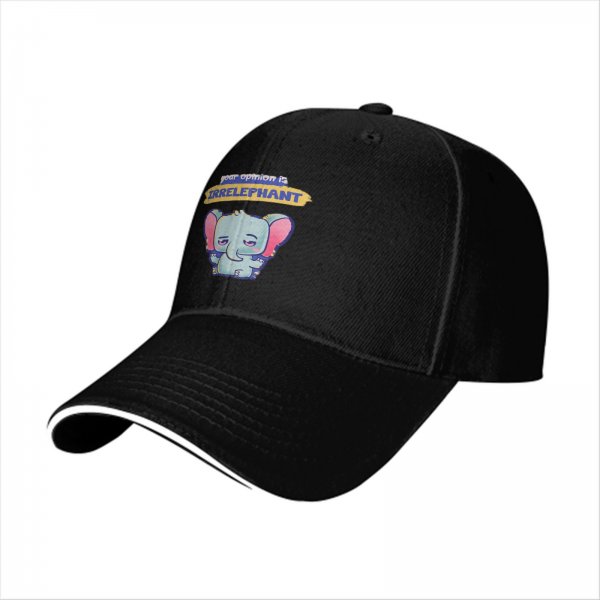 Black baseball cap with 'your opinion is irrelephant' cute elephant graphic