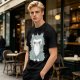 Olive T-shirt with Grumpy Fluffy Gray Cat Graphic Print