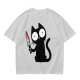 Olive T-shirt with a black cartoon cat holding a bloodied knife