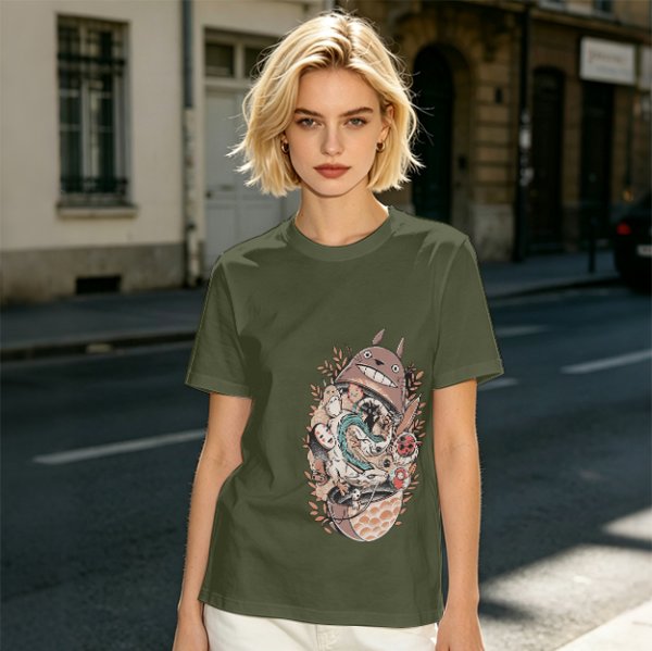 Olive Green T-Shirt with Studio Ghibli Character Collage Print