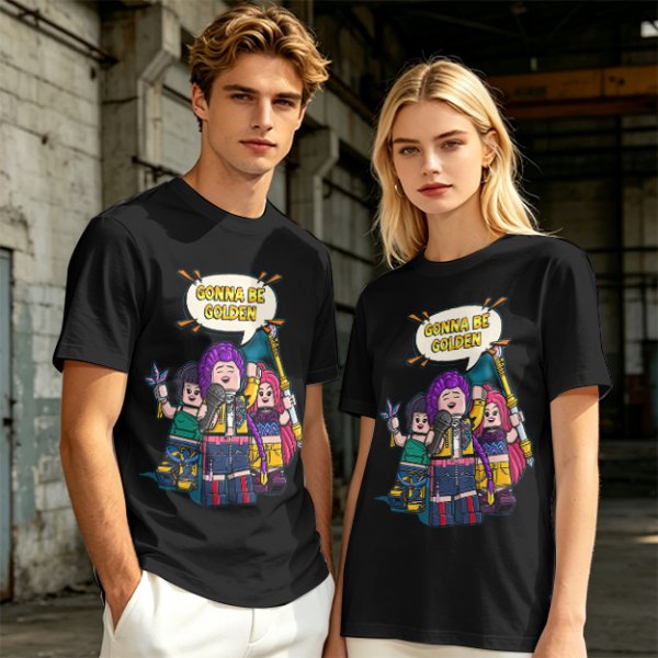 Olive T-shirt with Lego-style characters and 'Gonna Be Golden' print