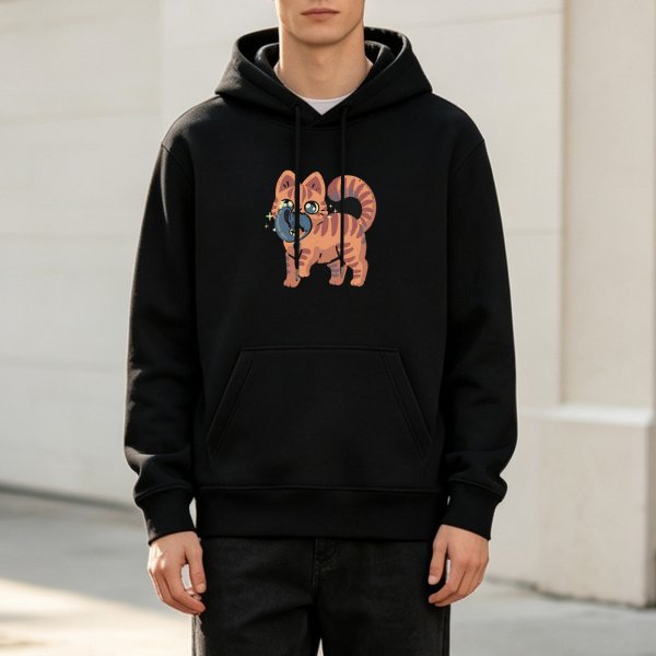 Black Hoodie With Cute Orange Tabby Cat Holding Blue Ball Artwork
