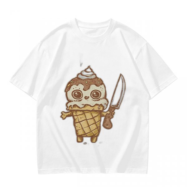 Olive T-Shirt With Cute Ice Cream Cone Holding Knife Print
