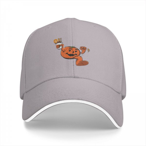 Black baseball cap with dancing pumpkin holding a fall drink design