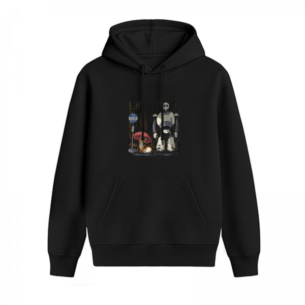 Black hoodie with robot and small animal under red umbrella graphic