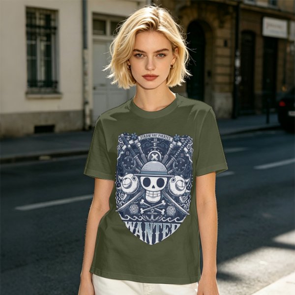 Olive T-shirt with Straw Hat Pirates Wanted Pirate Emblem Print