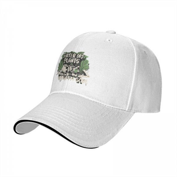Black baseball cap with 'Water My Plants When I'm Gone' skull and plant graphic