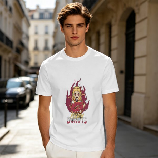 Olive Graphic T-Shirt With Fiery Donut Anime Character Print