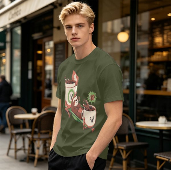 Olive green graphic tee with a sloth relaxing between anthropomorphic coffee mugs