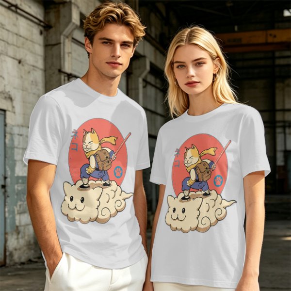Olive T-shirt with a cat warrior riding a flying cloud graphic