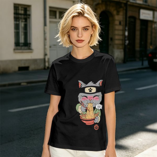 Olive green t-shirt with a ninja cat eating ramen graphic