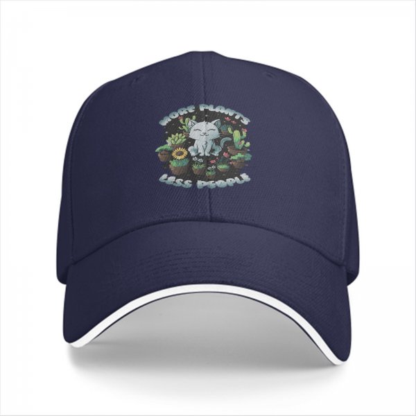 Black baseball cap with more plants less people cat and plant graphic