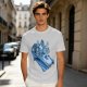 Olive T-shirt with retro blue cartoon car and characters graphic
