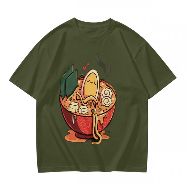 Olive T-Shirt With Cute Ramen Bowl Graphic Print