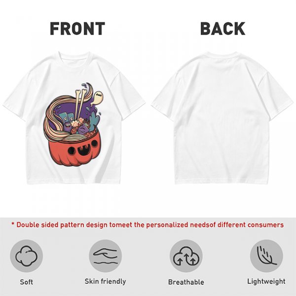 Halloween pumpkin ramen bowl with cute monster graphic t-shirt