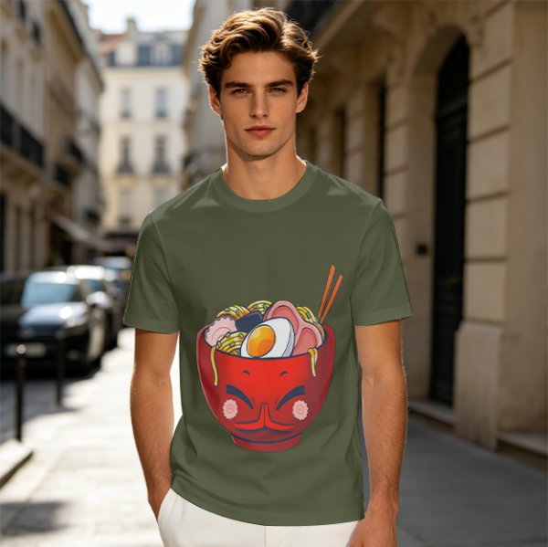 Olive T-Shirt With Cute Cartoon Ramen Bowl Graphic
