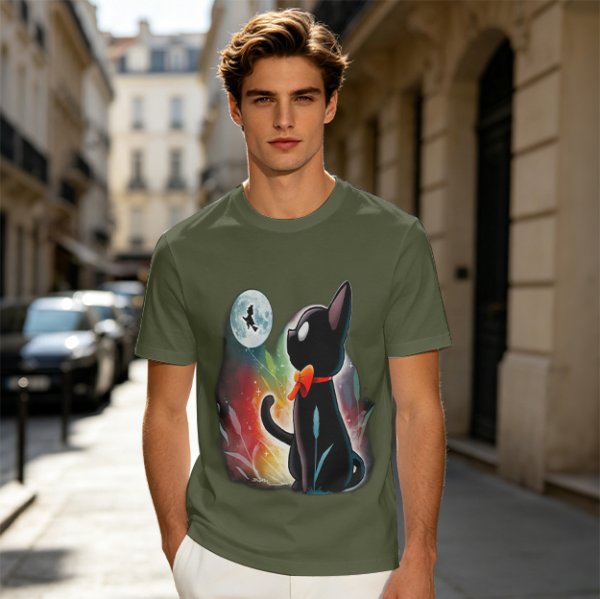 Olive T-shirt with black cat watching moon witch silhouette print