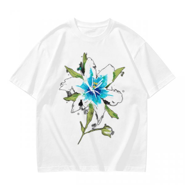 Olive Green T-Shirt with Watercolor Blue Lily Flower Print