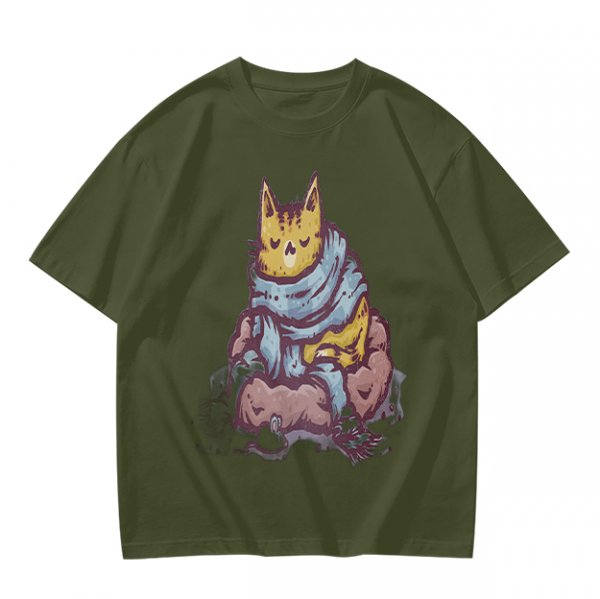 Olive T-Shirt With Meditating Cat Graphic Print