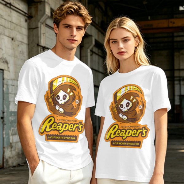 Olive green graphic t-shirt with cute reaper coffee themed print