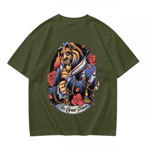Olive T-shirt featuring The Cursed Prince Beast with roses and candelabra
