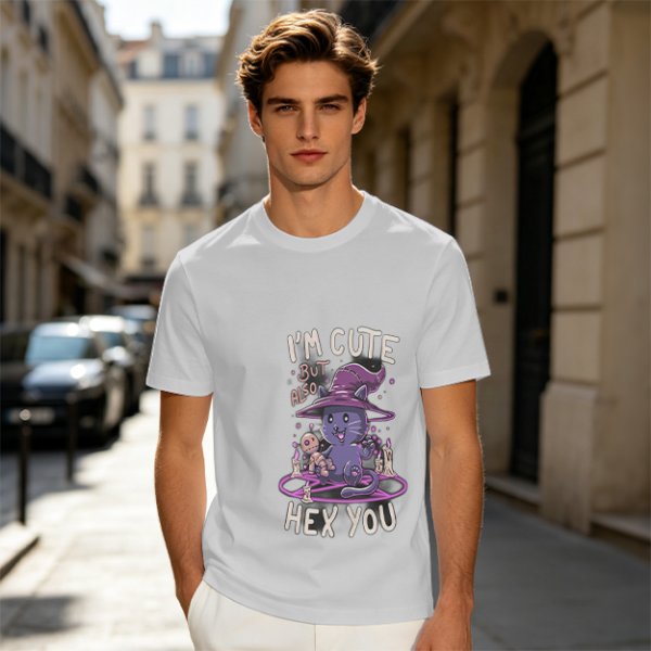 Olive green t-shirt with cute witch cat hex you graphic