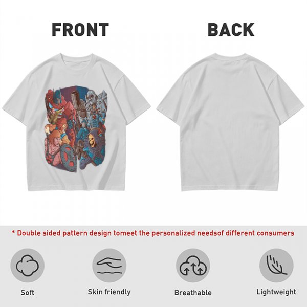 Olive T-shirt with 80s cartoon character crossover graphic