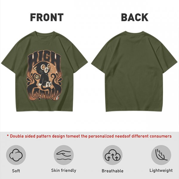 Olive green graphic t-shirt with a high on catip black cat print