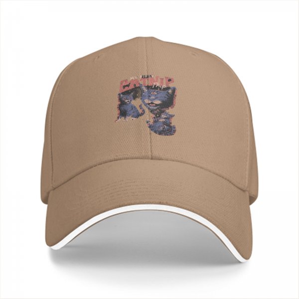 Black baseball cap with 'My First Catnip' and cat graphic print